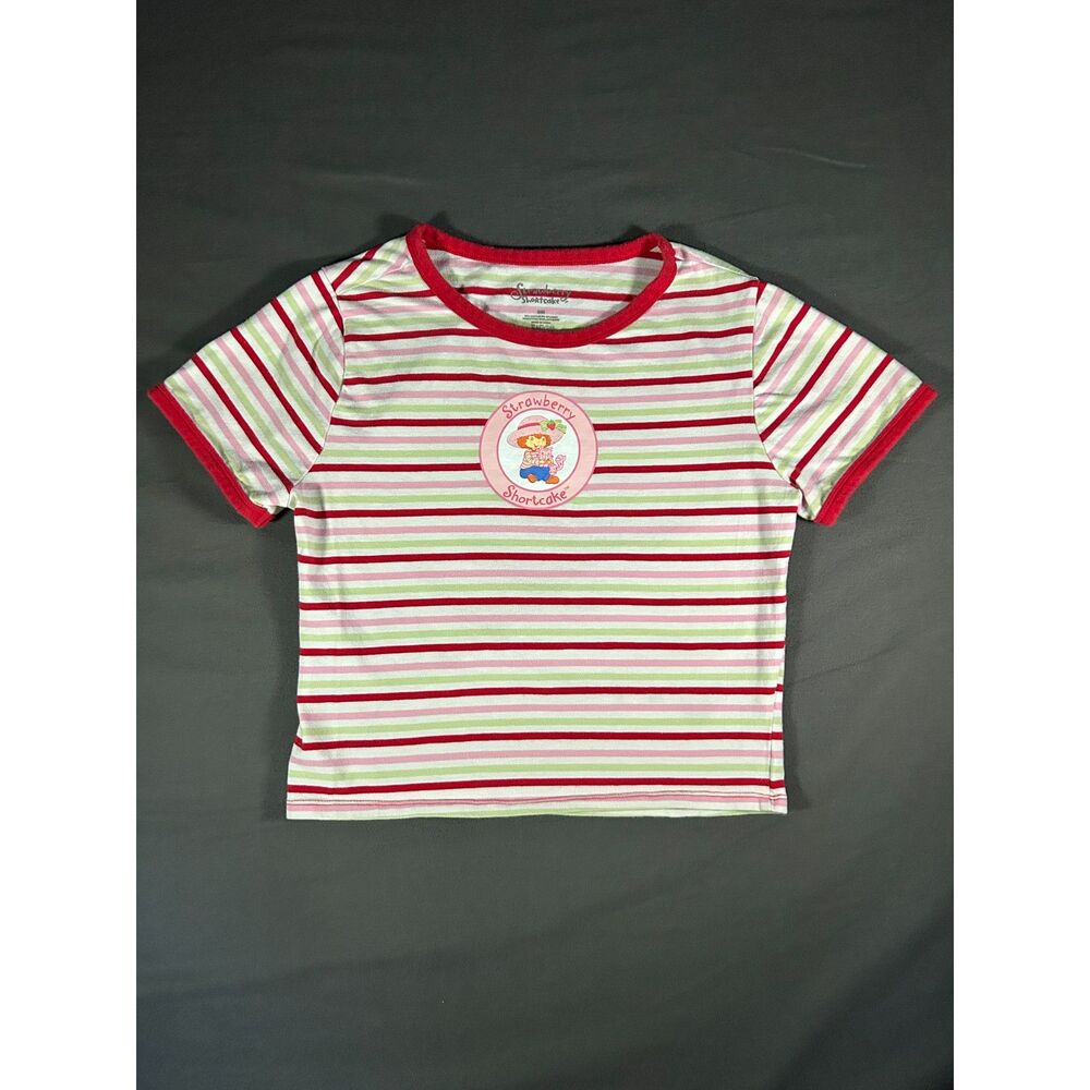 Y2K Coquette Strawberry Shortcake Striped Graphic Baby Tee Top SM Pink Green